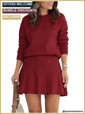 Women's 2 Piece Knit Sweater Set Crewneck Pullover & Pleated Mini Skirt